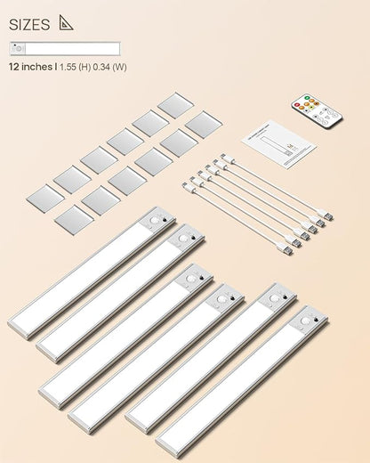 12inch Under Cabinet Lighting with Remote, 2500mAh Rechargeable Motion Sensor Light Indoor, LED Closet Lights with Timer, Dimmable, Magnetic, 3 Color Temps Wireless for Kitchen, Pantry, Stair, 6 Pack