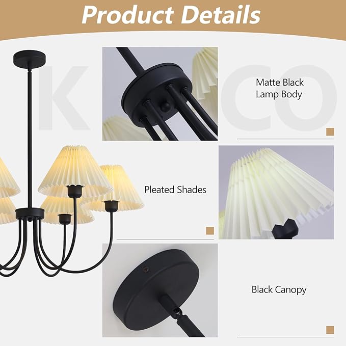 KCO Lighting Modern Farmhouse Chandelier Black Sputnik Chandelier Light Fixture White Fabric Chandelier Ceiling Light Vintage Pleated Chandelier Traditional Chandeliers for Dining Room