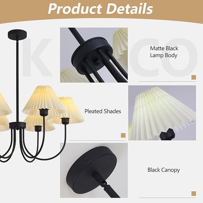 KCO Lighting Modern Farmhouse Chandelier Black Sputnik Chandelier Light Fixture White Fabric Chandelier Ceiling Light Vintage Pleated Chandelier Traditional Chandeliers for Dining Room