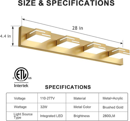LED Modern Bathroom Vanity Light Fixtures, 4-Light 28-inch Dimmable Gold Vanity Lights for Bathroom Lighting Fixtures Over Mirror, with 360° Rotatable Heads (Cool White 6000K)