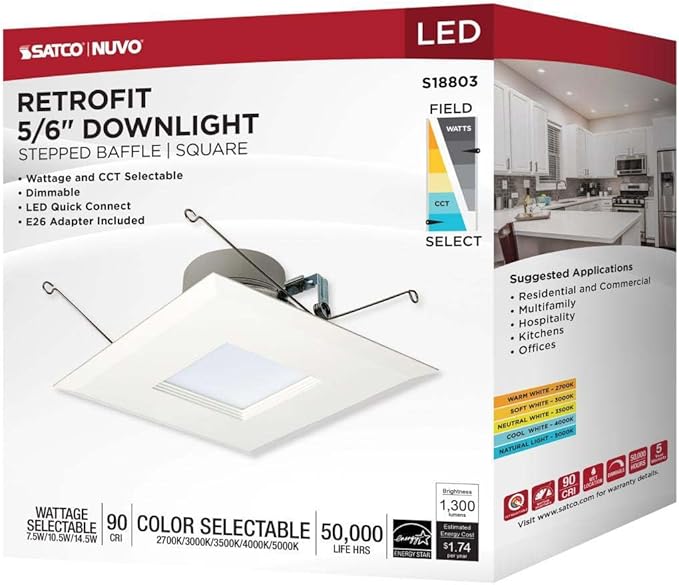Satco LED Retrofit Downlight with Stepped Baffle, CCT and Wattage Selectable, 5-6 Inch Square, White