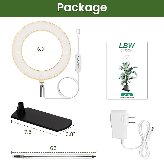 LBW Grow Lights for Indoor Plants, 6.3" Full Spectrum Plant Light with Base, 65" Height Adjustable Grow Lamp, 6/8/12/16H Timer, 3 Color, 5 Dimmable Level, for Tall Large Plants, Bamboo Grain, 3 Pack