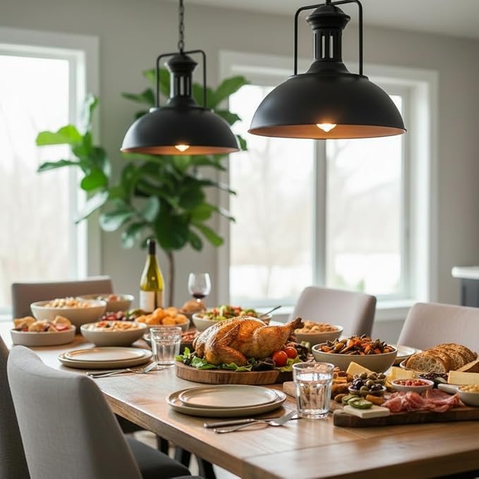 Industrial Dome Pendant Light Fixture, Farmhouse Barn Hanging Ceiling Lighting for Kitchen Island, Dining Room, Matte Black Metal