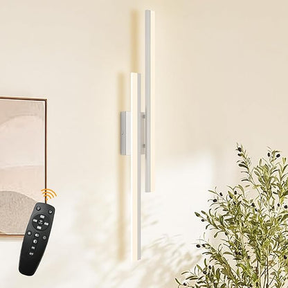 LED Wall Sconce Silver Modern Remote Wall Light Fixtures for Living Room, Dimmable LED Vanity Light Indoor Remote Wall Sconce for Bedside Bedroom Bathroom Dining Room, 31.5inch 1 Pack