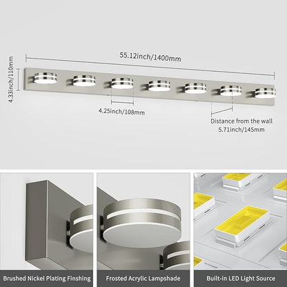 55.12inch Brushed Nickel Vanity Light Fixtures, 7 Light LED Bathroom Vanity Lights Over Mirror, Modern Dimmable Bathroom Wall Lighting for Mirror (Cool White 5500K)