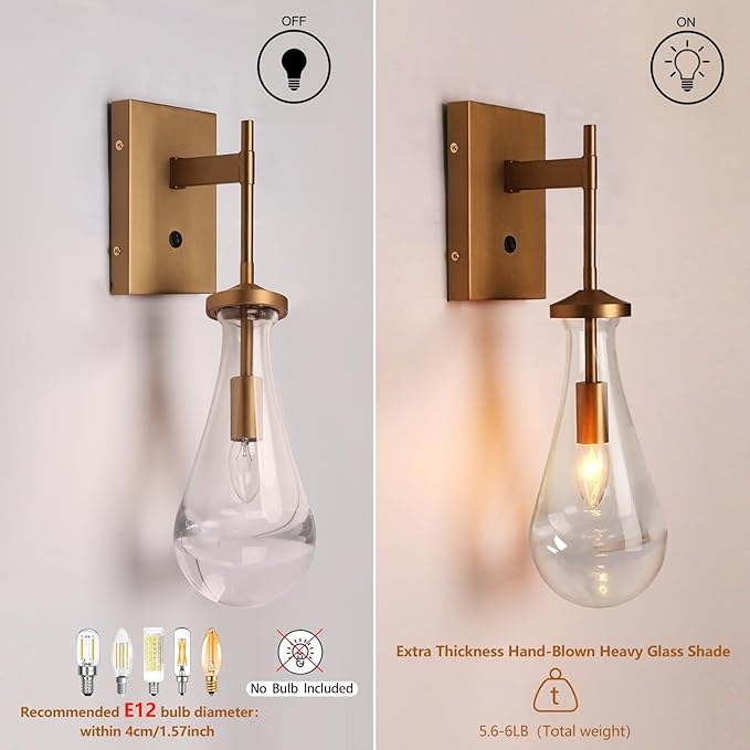 HuisMier Raindrop Wall Sconces, Brushed Brass Glass Wall Sconce with On Off Switch, Modern Wall Light Fixtures Bathroom Wall Lamp for Bedroom Living Room Vanity Hallway