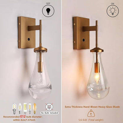 HuisMier Raindrop Wall Sconces, Brushed Brass Glass Wall Sconce with On Off Switch, Modern Wall Light Fixtures Bathroom Wall Lamp for Bedroom Living Room Vanity Hallway