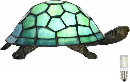A0019 Tiffany Style Turtle Table Lamp, Handmade Stained Glass Tortoise Animal Night Light, Vintage Accent Desk Lamp for Bedroom Bedside Living Room Home Decor, LED Bulb Included (Green)