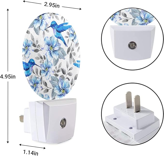 EKOBLA Hummingbird Night Light, Blue Bird Peony Flower Plug into Wall with Dusk to Dawn Light Sensors, Warm Nightlights for Bedroom, Bathroom, Hallway, Kitchen, Gifts for Girls Women