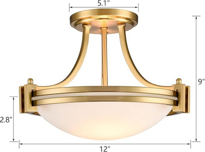 12-Inch Gold Semi Flush Mount Ceiling Light Milk Glass Light Fixture Mid Century Modern 2-Light Brass Glass Ceiling Light for Hallway Bedroom Foyer