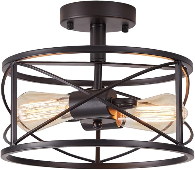 2-Light Semi Flush Mount Black Ceiling Light Fixture, Farmhouse Industrial Metal Cage with Adjustable Height, Dimmable for Hallway Entryway Kitchen Bedroom Foyer Laundry Low Ceiling