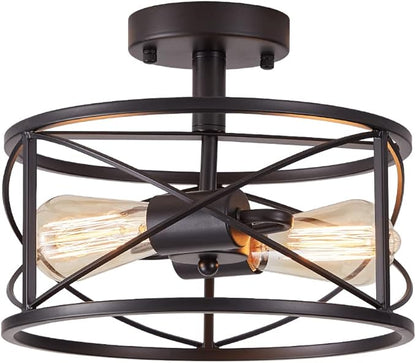 2-Light Semi Flush Mount Black Ceiling Light Fixture, Farmhouse Industrial Metal Cage with Adjustable Height, Dimmable for Hallway Entryway Kitchen Bedroom Foyer Laundry Low Ceiling