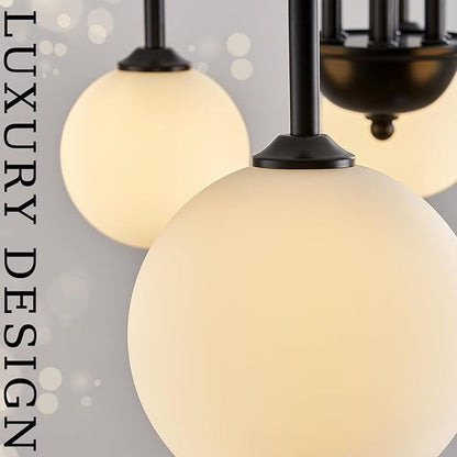 CATINER Black Sputnik Chandeliers 12 Lights Modern Chandelier for High Ceiling Large L52”Mid Century Ceiling Pendant Light Fixtures with Milk Glass Globe Shades for Living Dining Room Foyer Staircase