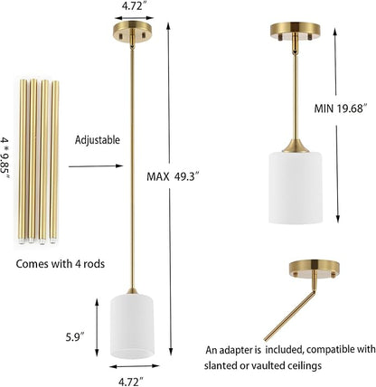 BYOLIIMA Modern Gold Pendant Light 3 Pack Brushed Brass Mid Century Chandelier White Cylinder Glass Shades Adjustable Rods Farmhouse Ceiling Hanging Lighting Fixture Kitchen Island Dining Room Bedroom