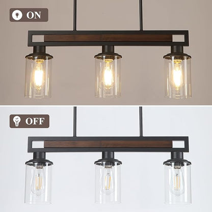 Farmhouse Dining Room Light Fixture, 3-Light Wood Kitchen Island Lighting for Dining Room Over Table, Black Adjustable Pendant Light with Clear Glass Shades, Linear Chandeliers Lighting for Kitchen