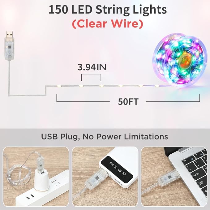 50ft Color Changing Christmas String Lights, 150 LED Twinkle Fairy Lights String Waterproof, 200+ Scene Modes, Smart App & Remote for Indoor Outdoor Christmas Tree Party Bedroom Patio Decor