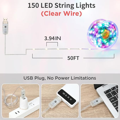 50ft Color Changing Christmas String Lights, 150 LED Twinkle Fairy Lights String Waterproof, 200+ Scene Modes, Smart App & Remote for Indoor Outdoor Christmas Tree Party Bedroom Patio Decor