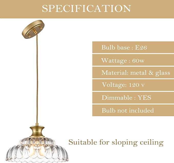 HYDELITE Vintage Glass Pendant Lights Kitchen Island Gold Pendant Light Fixture Modern Hanging Light Fixture for Dinning Room Bedroom Entryway
