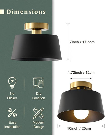 Modern Semi Flush Mount Ceiling Light with Gold Plate and Matte Black Shade, Farmhouse Ceiling Light Fixture for Kitchen Island Dining Room Foyer Hallway Porch Barn Loft，10in (Black 3 Pack)