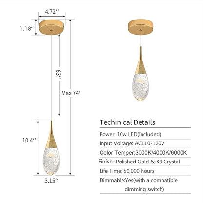 JoollySun Mini Crystal Pendant Light: Modern Dimmable 3-Color(3000k-6000k) LED Pendant for Kitchen Island Bathroom - Polished Gold
