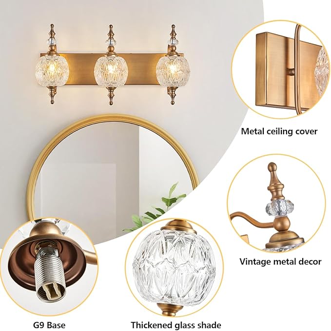Vintage Bathroom Vanity Light Fixtures, 3 Lights Bathroom Wall Sconce Lighting Matte Brushed Antique Brass Finish with Crystal Glass Shade, Vintage Vanity Light for Bathroom Bedroom