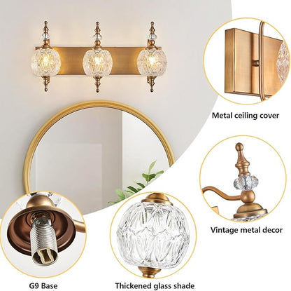 Vintage Bathroom Vanity Light Fixtures, 3 Lights Bathroom Wall Sconce Lighting Matte Brushed Antique Brass Finish with Crystal Glass Shade, Vintage Vanity Light for Bathroom Bedroom