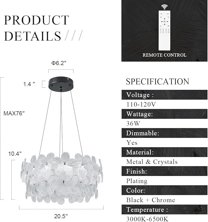 Flower LED Crystal Chandelier 20'' Modern Black Flush Mount Dimmable Chandelier Light Fixture with Remote Control for Dining Room Entryway Kitchen Bedroom(3000K-6500K)