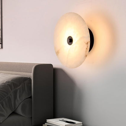 9.84 Inch Round Natural Alabaster Wall Sconce Marble Stone Light Decor for Wall, Dimmable 3CCT Hardwired Circular Sconce LED Modern Wall Lamp for Bedroom, Living Room, Bedside, Hallway (Black)