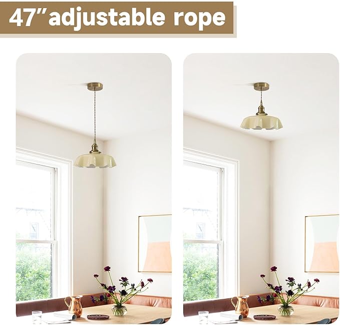 Vintage Glass Pendant Light,Gold Brass Pendant Lights Body,Adjustable Height Hanging Light Fixture for Kitchen Island Dining Room Living Room,Color Creamy Yellow