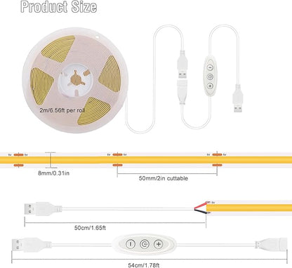LED Strip Lights 6ft, Warm White COB LED Light Strip USB Powered, Dimmable 2700K CRI92+, Cuttable Flexible TV Backlight for Cabinet Bedroom Kitchen