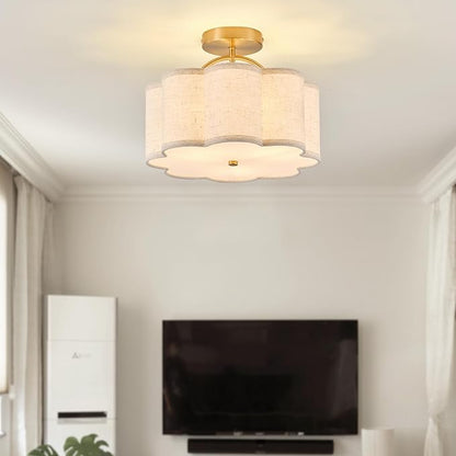 13.5" Semi Flush Mount Ceiling Light Fixture for Bedroom, 3-Light Flower-Shape Modern Close to Ceiling Light with Fabric Shade for Hallway Nursery Kitchen Island(Hemp-Color)
