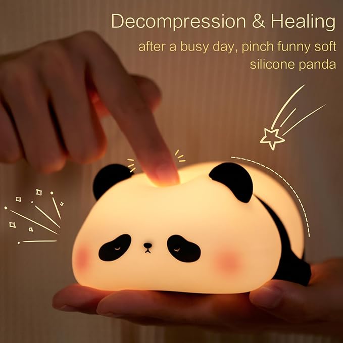 YR YRHH-PET Panda Cute Night Light, Squishy Panda Kids Lamp, Rechargeable Dimmable Animal Light Decor, Pandas Gifts, College White Elephant Gift, LED Touch Nightlight for Baby Boy Girl, Safe Silicone