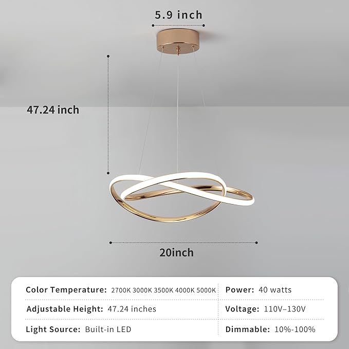 Modern Chandelier Dimmable Pendant Light Fixture,5CCT/2700K/3000K/3500K/4000K/5000K,Adjustable Modern LED Chandeliers for Dining Room Kitchen Entryway Living Room Bedroom (Gold-5CCT, 20 Inches)