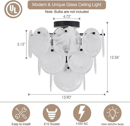 Modern Flush Mount Glass Ceiling Light, Black Hallway Lights Vintage Chandelier, 4-Light Unique Light Fixture for Bedroom Entryway Kitchen Laundry Bathroom Farmhouse
