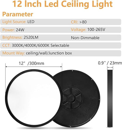 4PK 12 Inch LED Flush Mount Ceiling Light, 24W, 2520LM, 3000K/4000K/6000K CCT Selectable Super Slim LED Ceiling Light, Close to Ceiling Round Flat Panel Light for Hallway, Bedroom,Kitchen ect