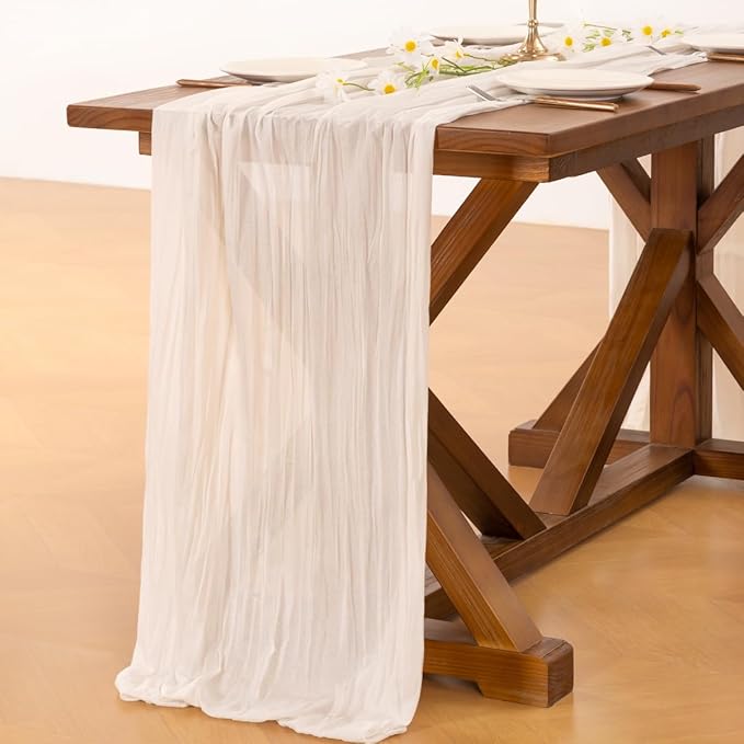 Socomi 15pcs Ivory White Cheesecloth Table Runner Summer Boho Rustic Gauze 120 inch 10FT Cheese Cloth Sheer Runner for Wedding Party Baby Shower Birthday Home Decor Holiday Decorations