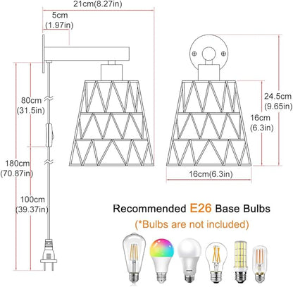 Boho Plug in Wall Sconce Set of 2, Gold Plug Sconces Set of 2, Rattan Sconce Light Fixture with 5.9FT On/Off Switch Cord, Farmhouse Wall Mounted Light for Bedroom Living Room Reading Hallway