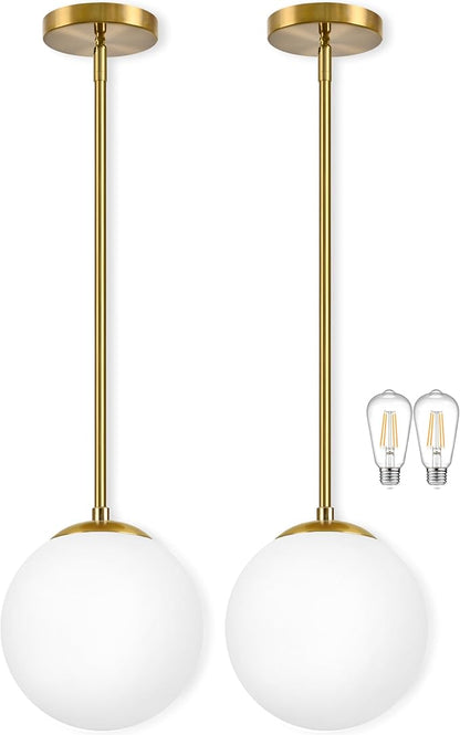 Bagood 10" Globe Pendant Light Gold 2 Pack Mid Century Pendant Light Globe Pendant Lights Kitchen Island Brushed Brass Finished with Milk Glass Adjustable Ceiling Light Fixtures for Dining Room Bar