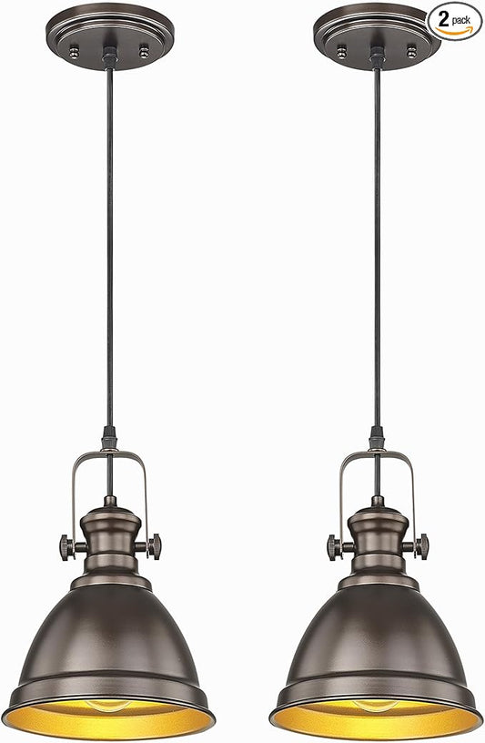 2-Pack Pendant Lights Kitchen Island, 8" Farmhouse Hanging Lights Fixtures with Metal Shade, Rustic Kitchen Pendant Lighting Over Island for Dining Room, Oil Rubbed Bronze, AD-2151-2PM-ORB