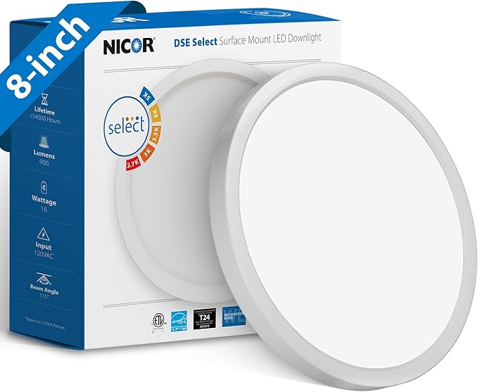 8” Round LED Surface Mount Ceiling Light - Dimmable Ceiling Light for Kitchen - Selectable CCT 2700K-5000K, 948-989 Lumens, 15.6W - DSE Edge-Lit Downlights for Ceiling, White by NICOR Lighting
