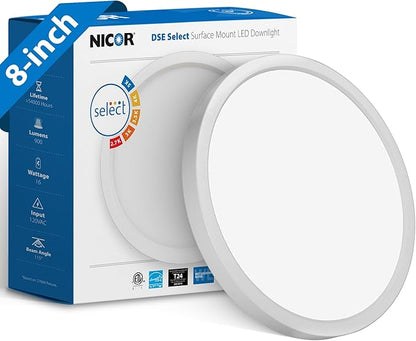 8” Round LED Surface Mount Ceiling Light - Dimmable Ceiling Light for Kitchen - Selectable CCT 2700K-5000K, 948-989 Lumens, 15.6W - DSE Edge-Lit Downlights for Ceiling, White by NICOR Lighting