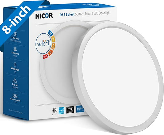 8” Round LED Surface Mount Ceiling Light - Dimmable Ceiling Light for Kitchen - Selectable CCT 2700K-5000K, 948-989 Lumens, 15.6W - DSE Edge-Lit Downlights for Ceiling, White by NICOR Lighting