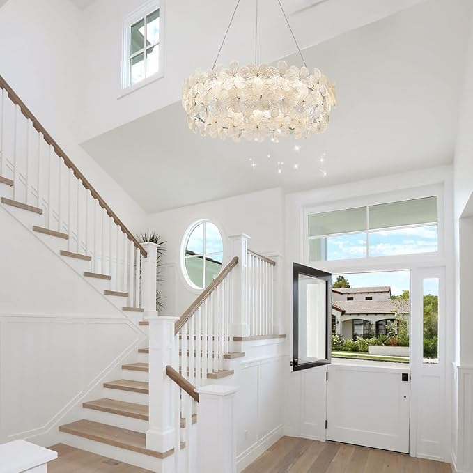 32'' Flower LED Chandelier Large Luxury Crystal Light Fixture Chrome Dimmable Modern Chandeliers Light with Remote Control for High Ceiling Foyer Living Room Bedroom Entryway(3000K-6500K)