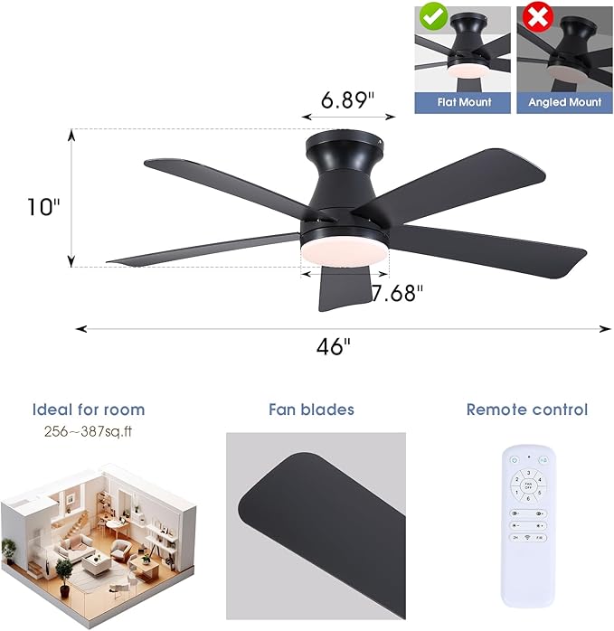 46" Low Profile Ceiling Fans with Lights and Remote, Black Indoor Ceiling Fan Light with Quiet Reversible DC Motor,Modern Flush Mount Ceiling Fans with Dimmable LED for Bedroom Kitchen