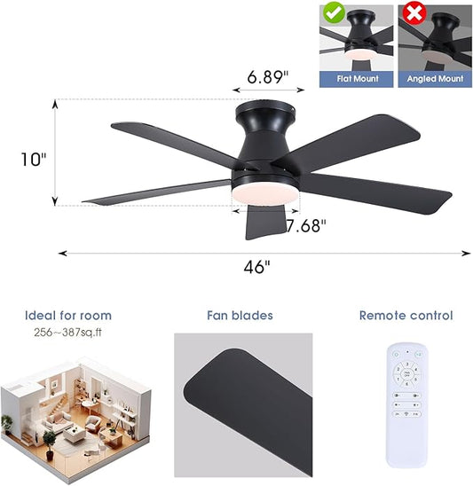 46" Low Profile Ceiling Fans with Lights and Remote, Black Indoor Ceiling Fan Light with Quiet Reversible DC Motor,Modern Flush Mount Ceiling Fans with Dimmable LED for Bedroom Kitchen