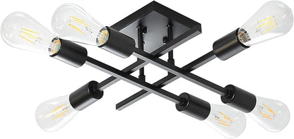 6-Light Semi Flush Mount Ceiling Light Fixture, Industrial Black Close to Ceiling Lighting, Modern E26 Base Sputnik Chandelier Ceiling Lamp for Kitchen Bedroom Living Room Hallway
