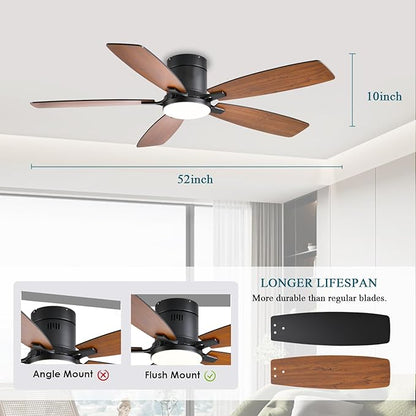 Ayaoty Ceiling Fans with Lights, 52 inch Low Profile Ceiling Fan with Light and Remote Control, Flush Mount, LED Dimmable DC Reversible Modern Ceiling Fan for Bedroom
