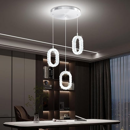 Modern LED Ring Chandelier Dimmable Crystal Ring Pendant Light for Kitchen Island Crystal Ring Chandelier for Dining Room Bedroom Living Room 3-Light Silver