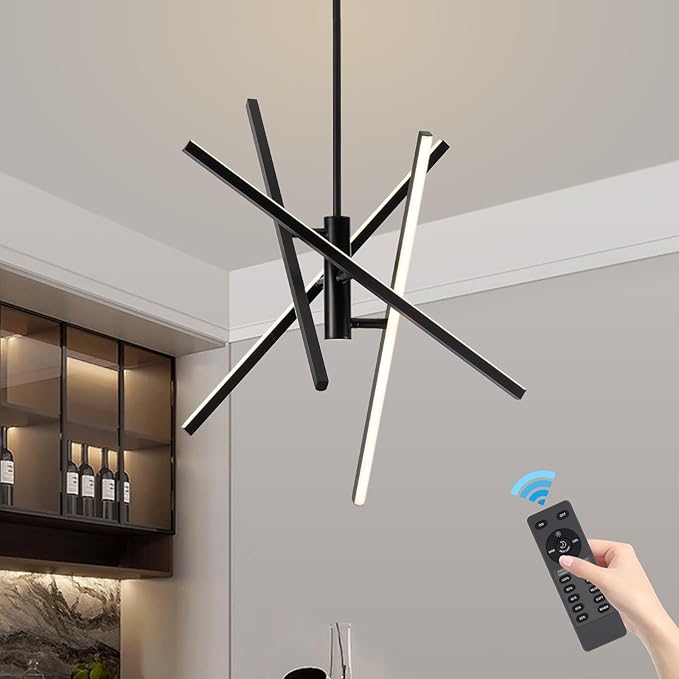 Modern Black Chandelier Light Fixtures: LED 4-Light Sputnik Dining Room Chandeliers Linear Pendant Lights Fixture Over Table Dimmable with Remote for Kitchen Island Living Room