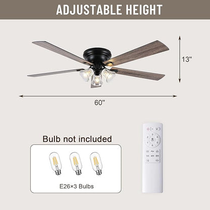 60'' Flush Mount Ceiling Fan with Light and Remote, 5 Reversible Wood Blades,3 Clear Seeded Glass Light Fixtures,6-Speed Quiet DC Motor,Farmhouse Ceiling Fan for Bedroom Living Room Patio